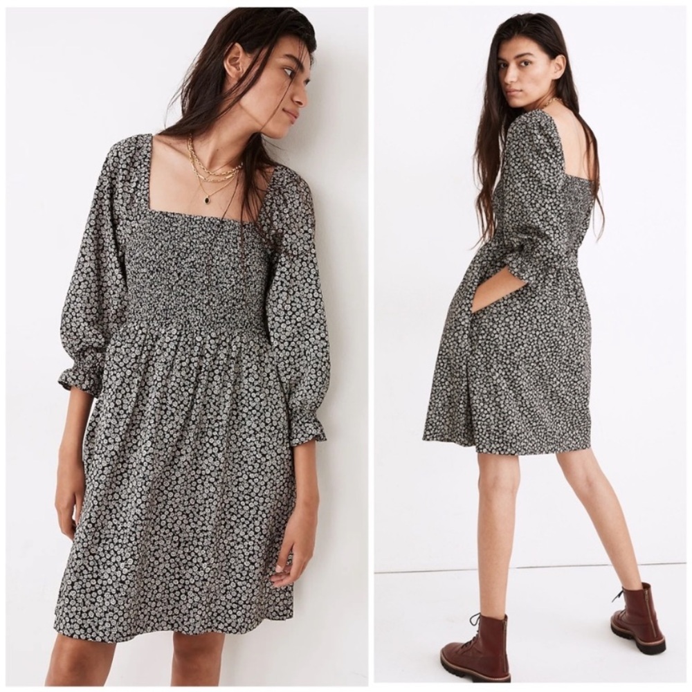 Madewell Lucie Elbow Sleeve Smocked Mini Dress in Parisian Ditsy